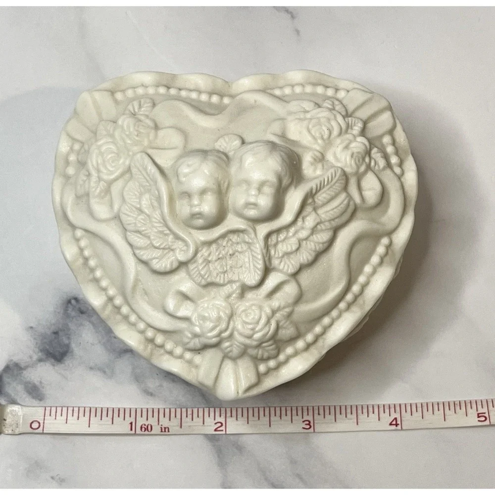 Vintage White Porcelain Bisque Cherub Angel Heart Roses Trinket Vanity Box